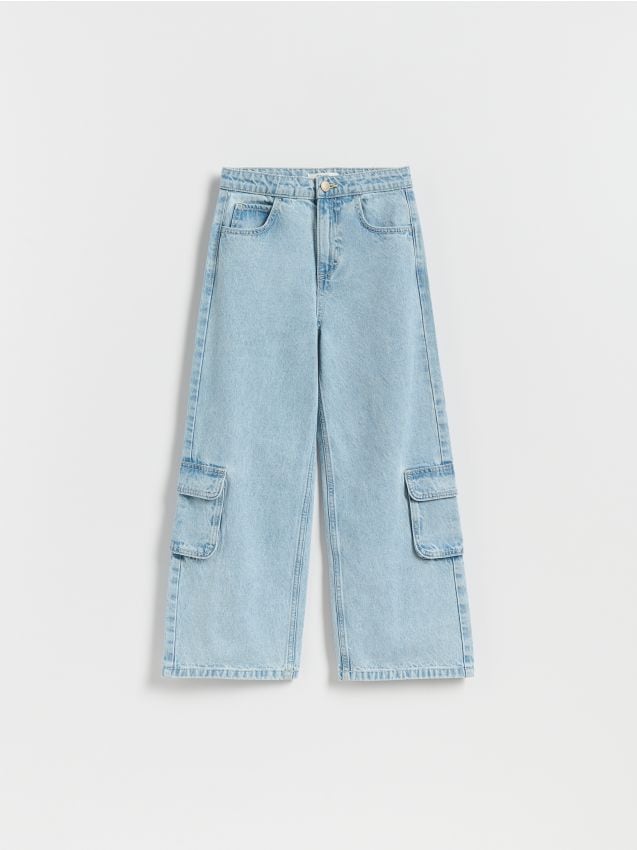 Reserved - Jeansy wide leg z kieszeniami cargo - niebieski