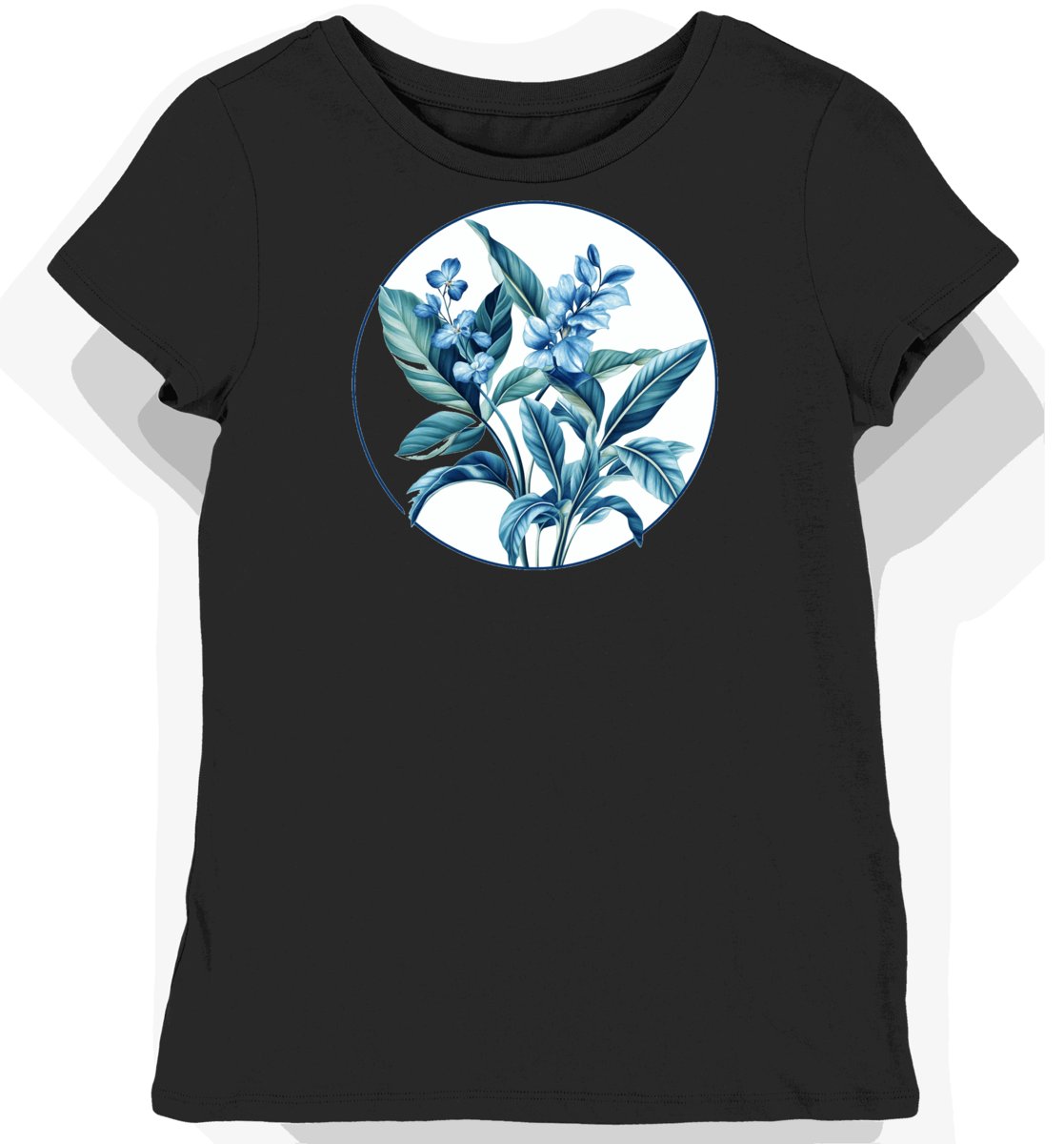 Koszulka damska czarna z motywem niebieskich kwiatów tropikalnych XXL