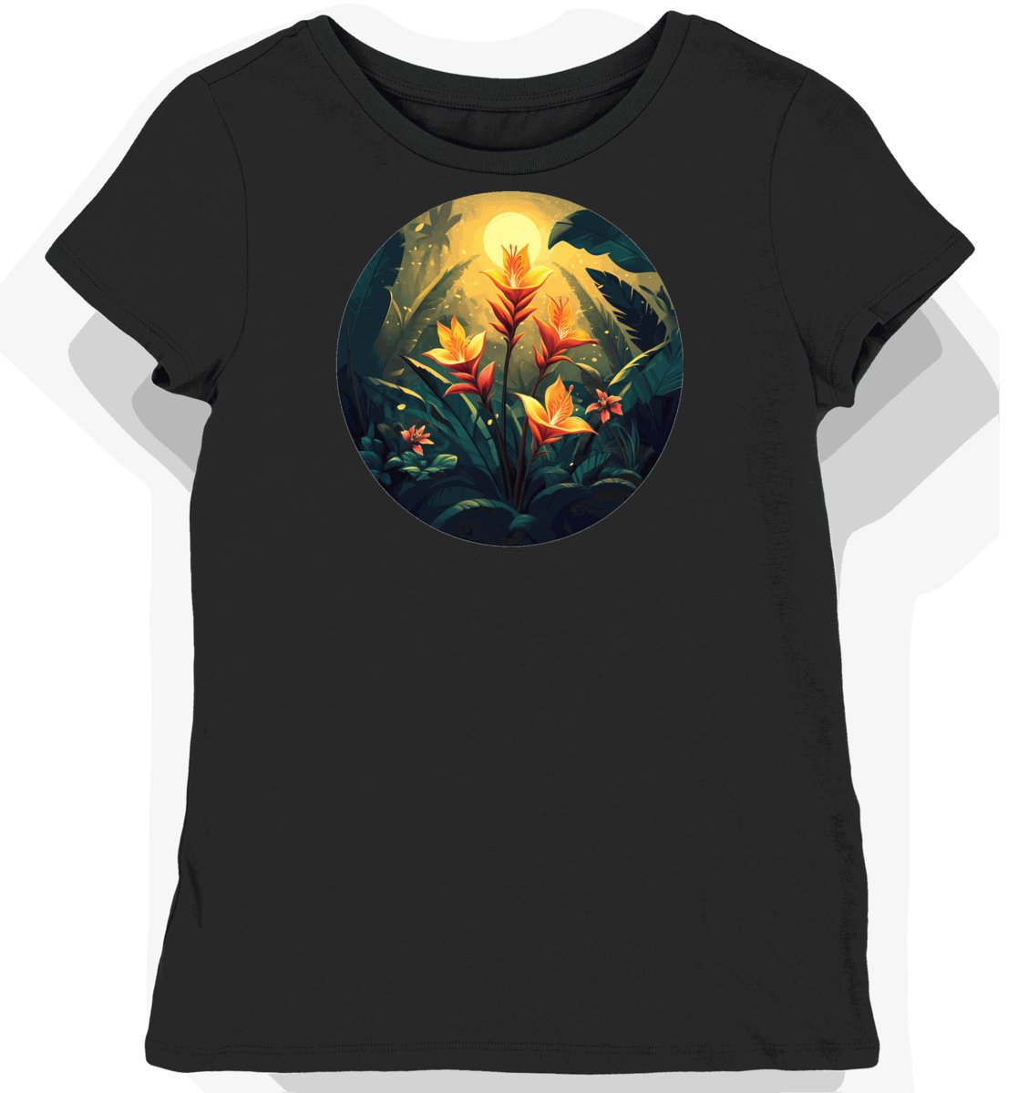 Koszulka damska czarna z motywem egzotycznych kwiatów XL