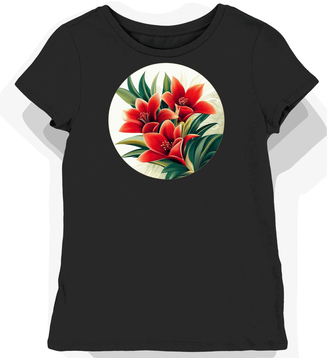 Koszulka damska czarna z nadrukiem tropikalnych kwiatów XS