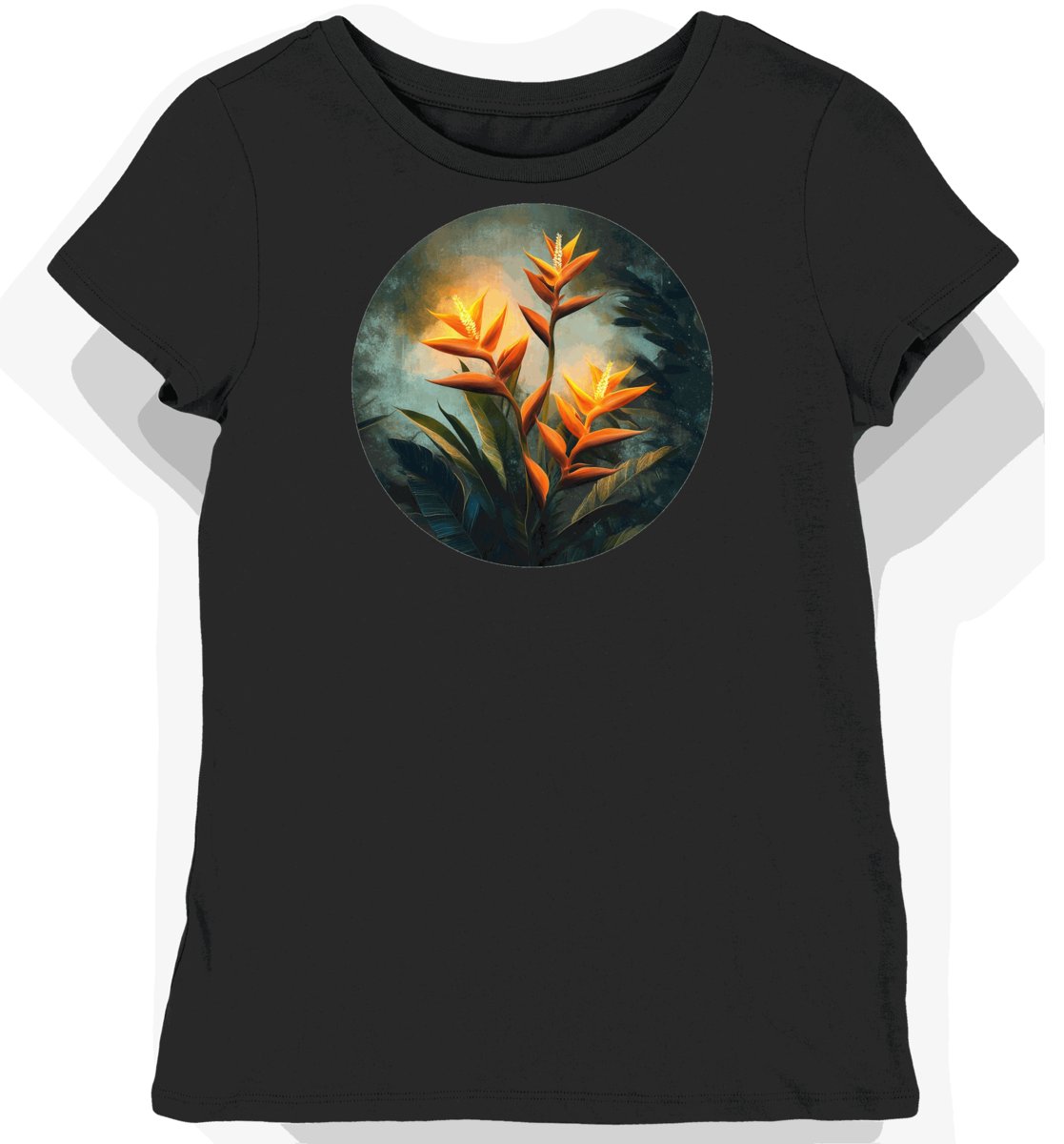 Koszulka damska czarna z motywem pomarańczowych kwiatów heliconii XS