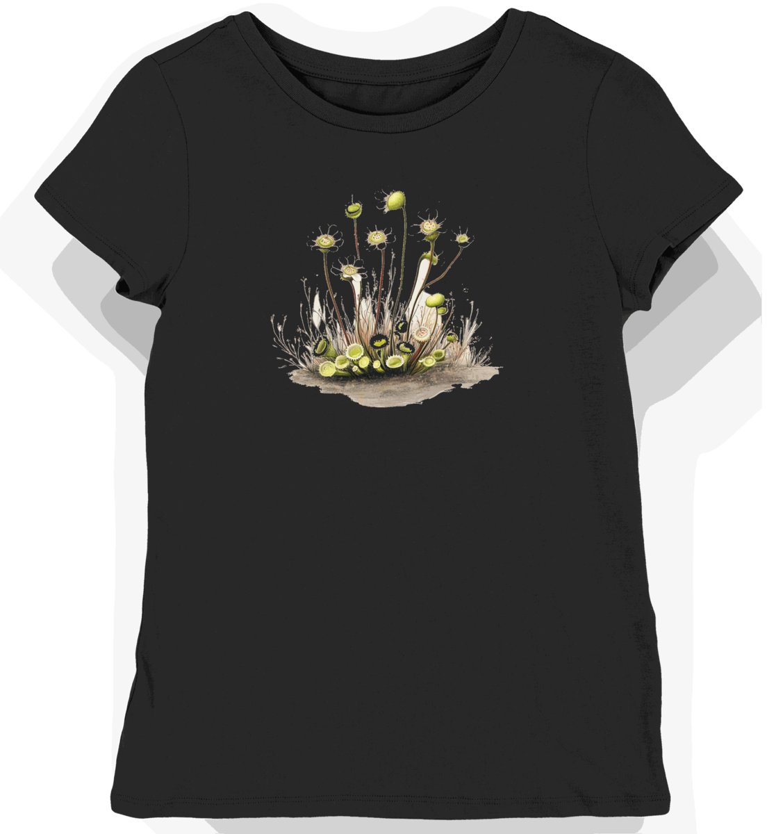 Koszulka damska czarna z motywem delikatnych kwiatów rosiczki XXL