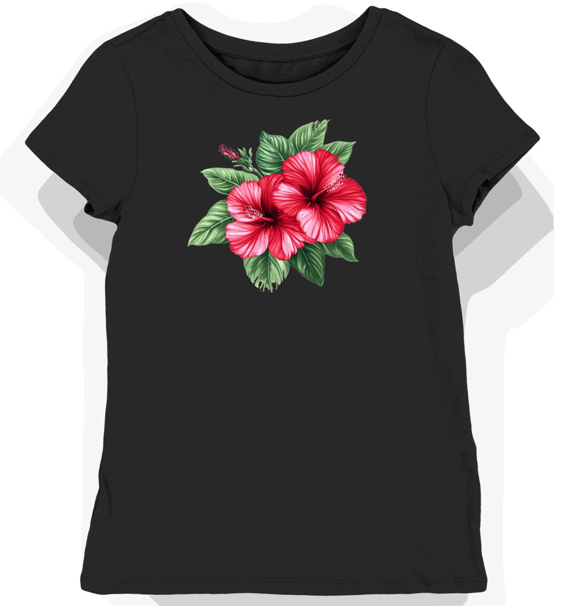 Koszulka damska czarna z motywem hibiskusa i liści tropikalnych S
