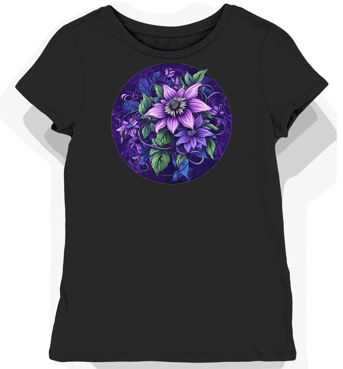 Koszulka damska czarna z nadrukiem tajemniczych kwiatów S