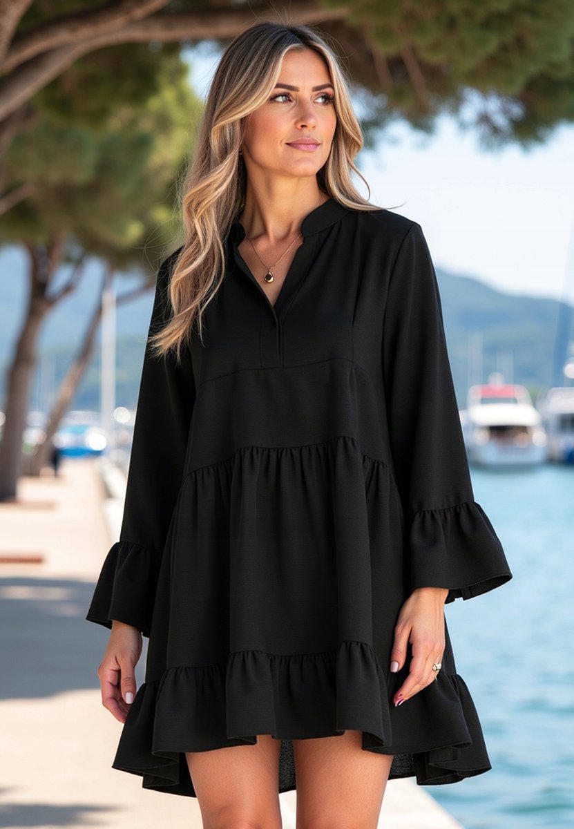 Sukienka boho - Sukienka z falbanami - Luźna sukienka czarna M1136 r. S/M