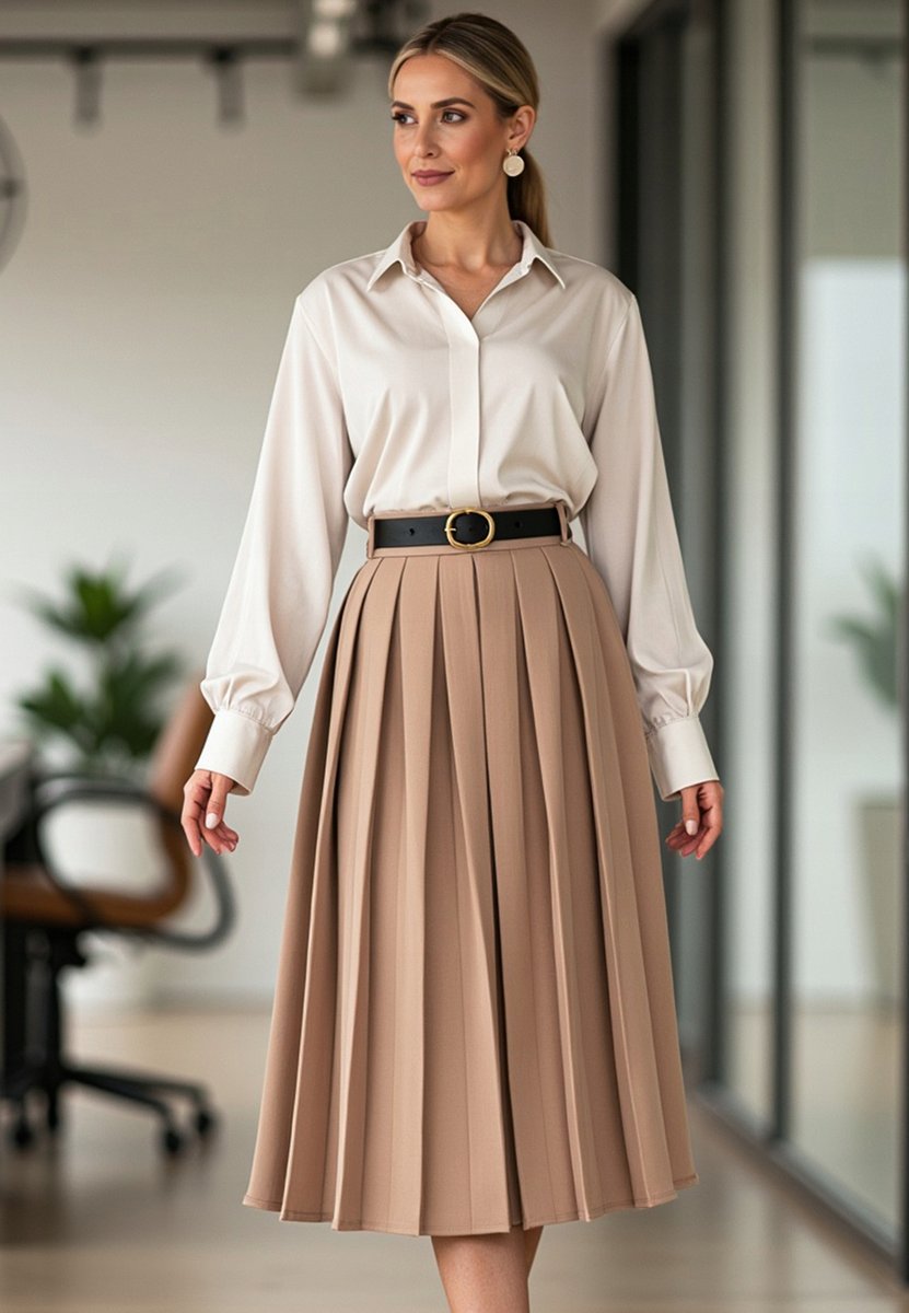 Plisowana spódnica midi Elegancka spódnica Beżowa spódnica M1154 S/M