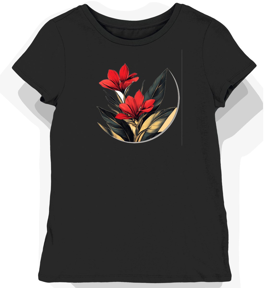 Koszulka damska czarna z motywem tropikalnych kwiatów L