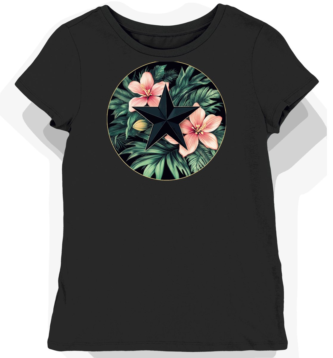 Koszulka damska czarna z motywem egzotycznych kwiatów S