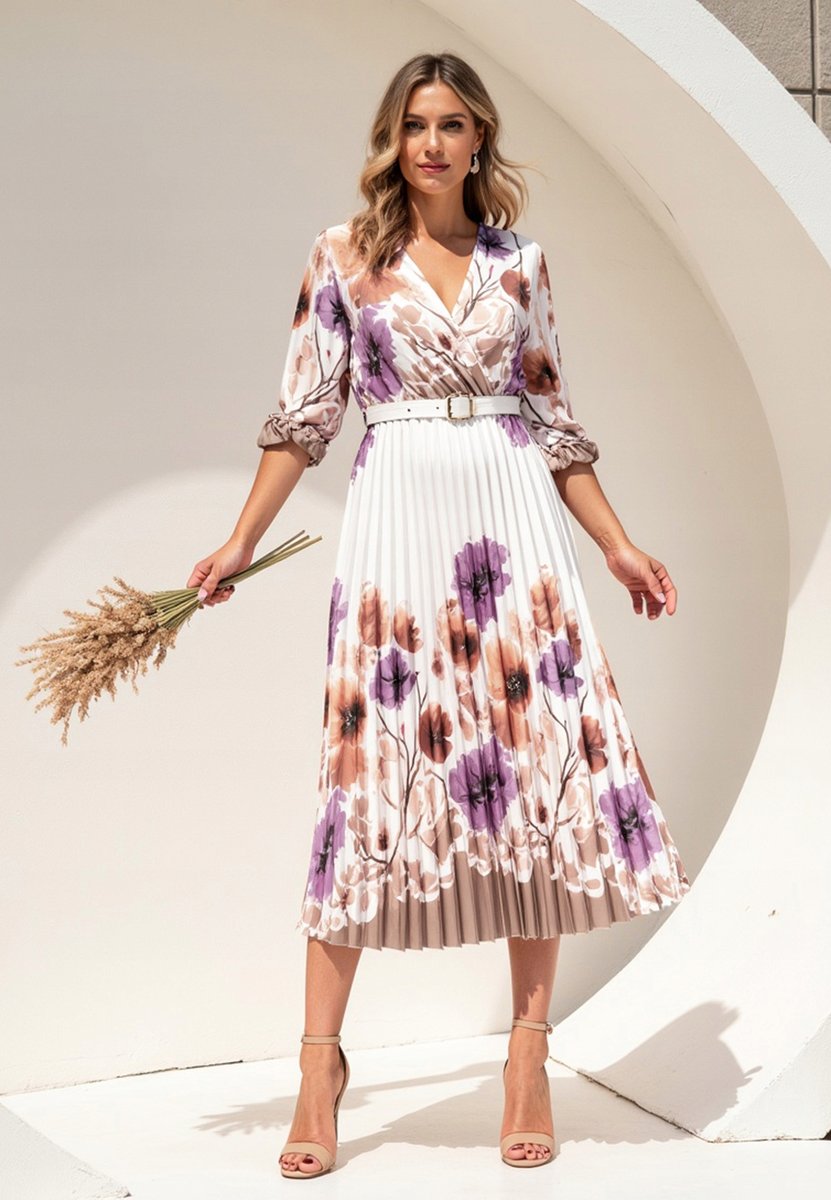 Satynowa sukienka midi - Biała sukienka w kwiaty z paskiem M1138 r. S/M