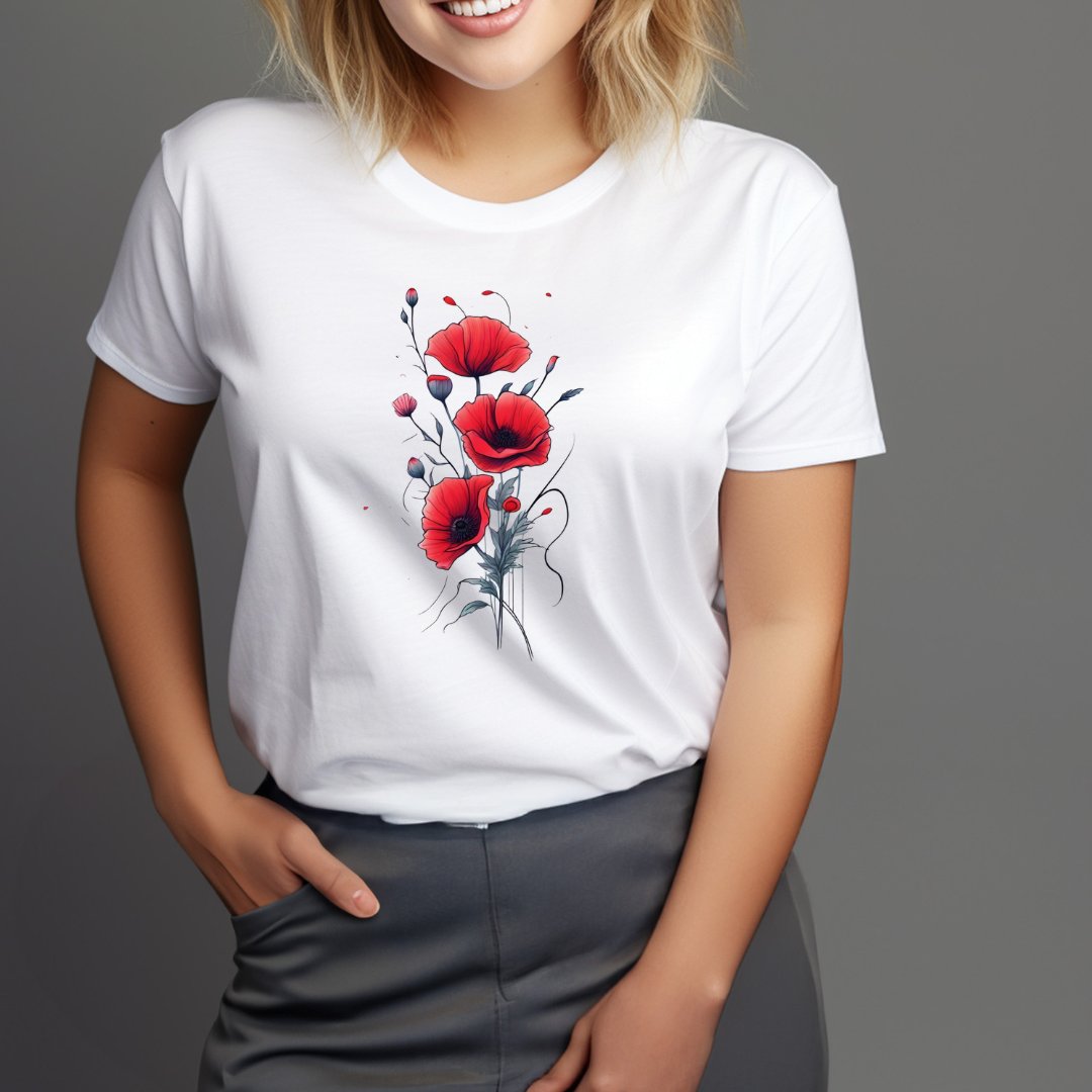 T-Shirt Koszulka biała z nadrukiem maki kwiaty rozmiar M