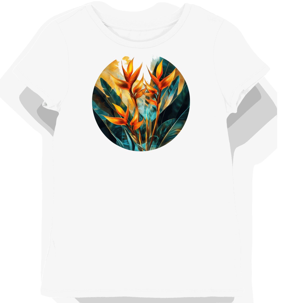 Koszulka damska biała z motywem tropikalnych kwiatów Heliconia XS