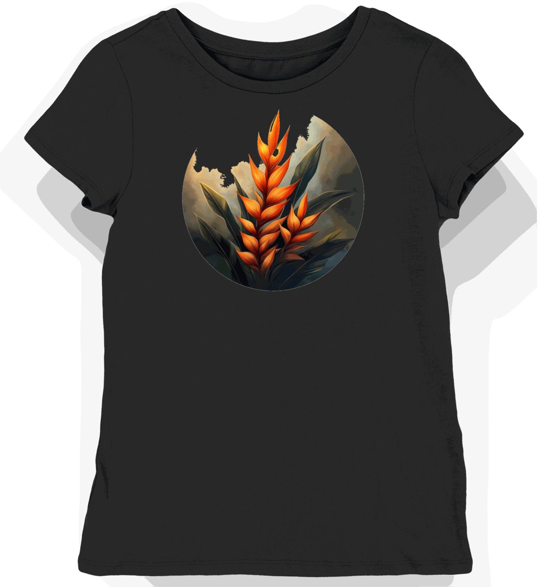 Koszulka damska czarna z motywem egzotycznych kwiatów helikonii L