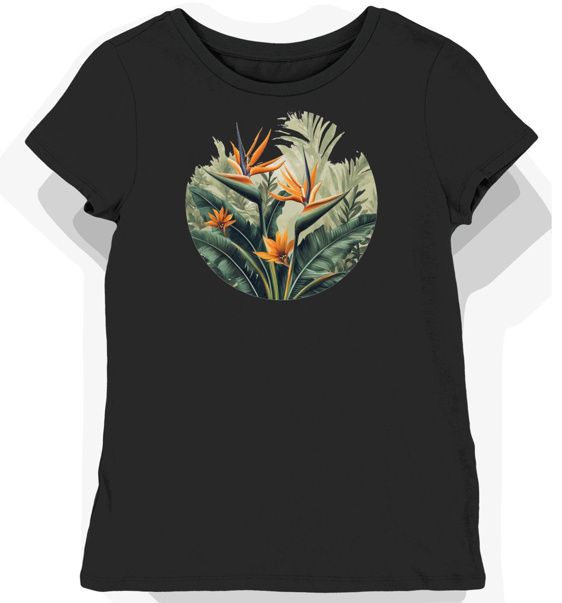 Koszulka damska czarna z motywem tropikalnym kwiatów egzotyki XS