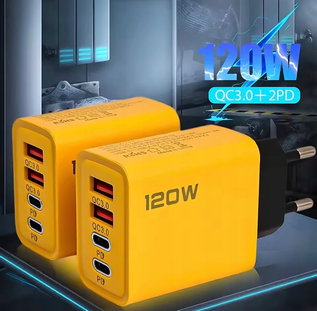SZYBKA ŁADOWARKA SIECIOWA 120W 2xUSB A 2x USB C QC 3.0, PD 120W ŻÓŁTA