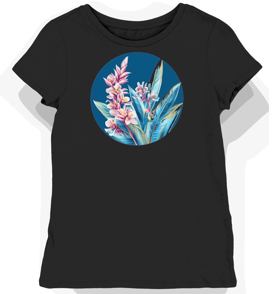 Koszulka damska czarna z nadrukiem tropikalnych kwiatów i liści XS