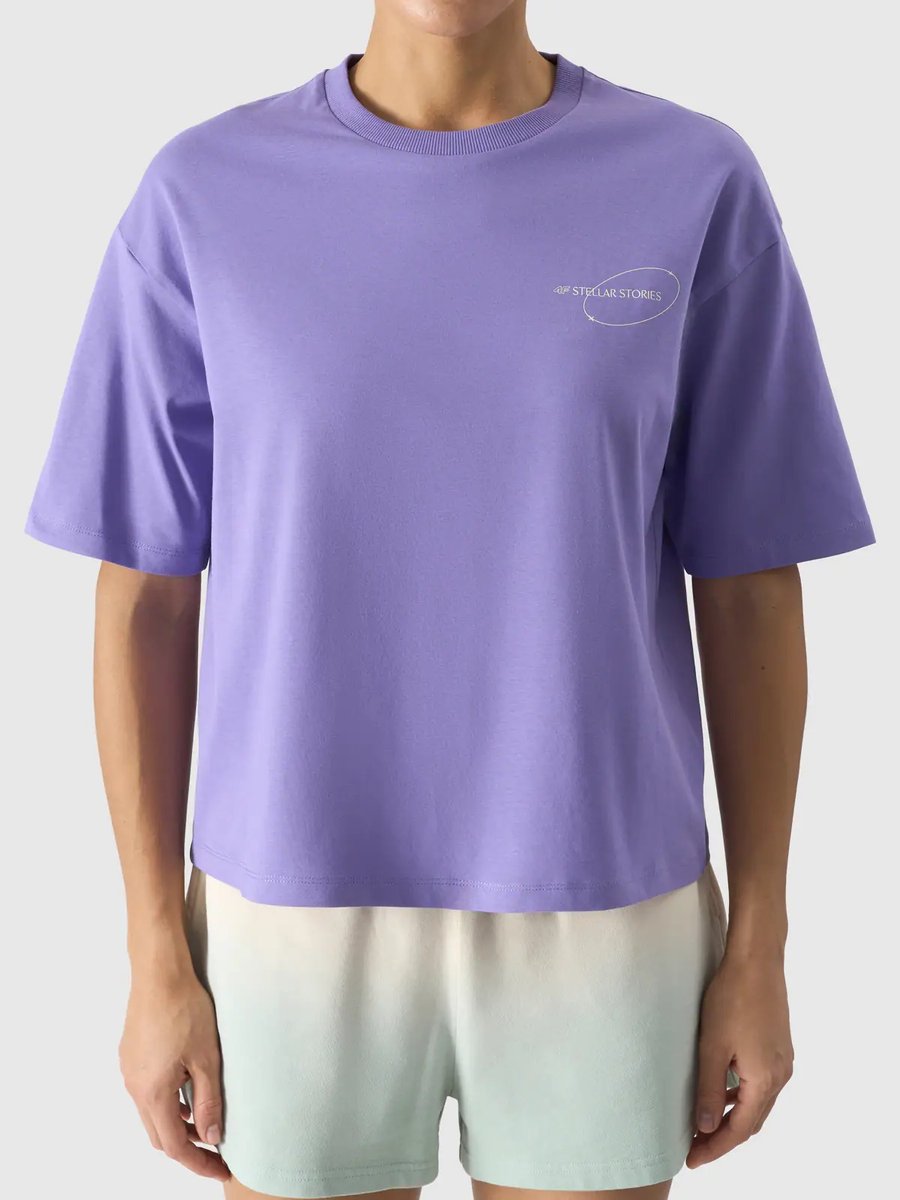 4F T-shirt oversize z nadrukiem damski 4FRSS24TTSHF2089-51S Fioletowy Roz. XS