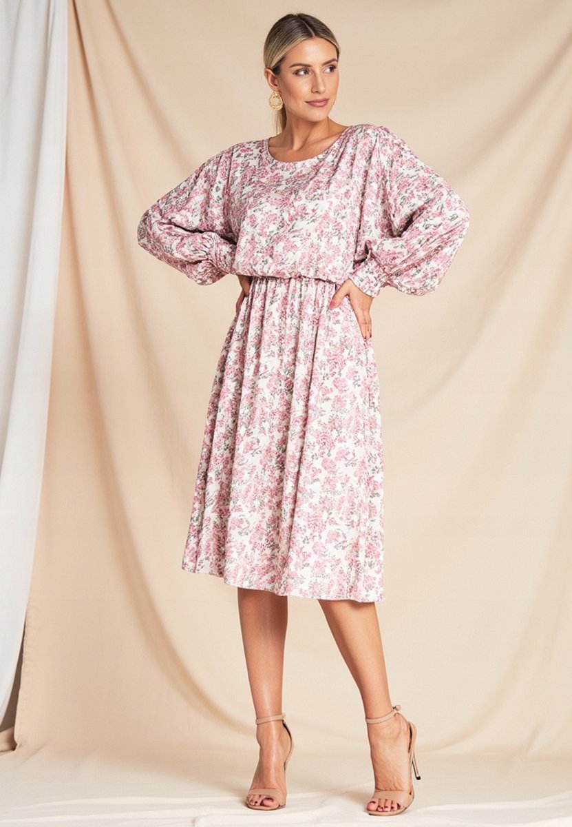 Sukienka z bufiastymi rekawami Różowa sukienka w kwiaty M1128 S/M