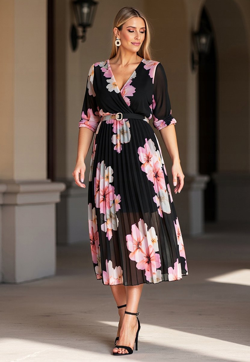 Długa plisowana sukienka - Długa sukienka w kwiaty - Czarna M1137 r. S/M