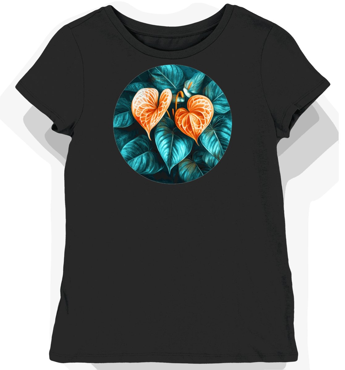 Koszulka damska czarna z grafiką tropikalnych kwiatów S