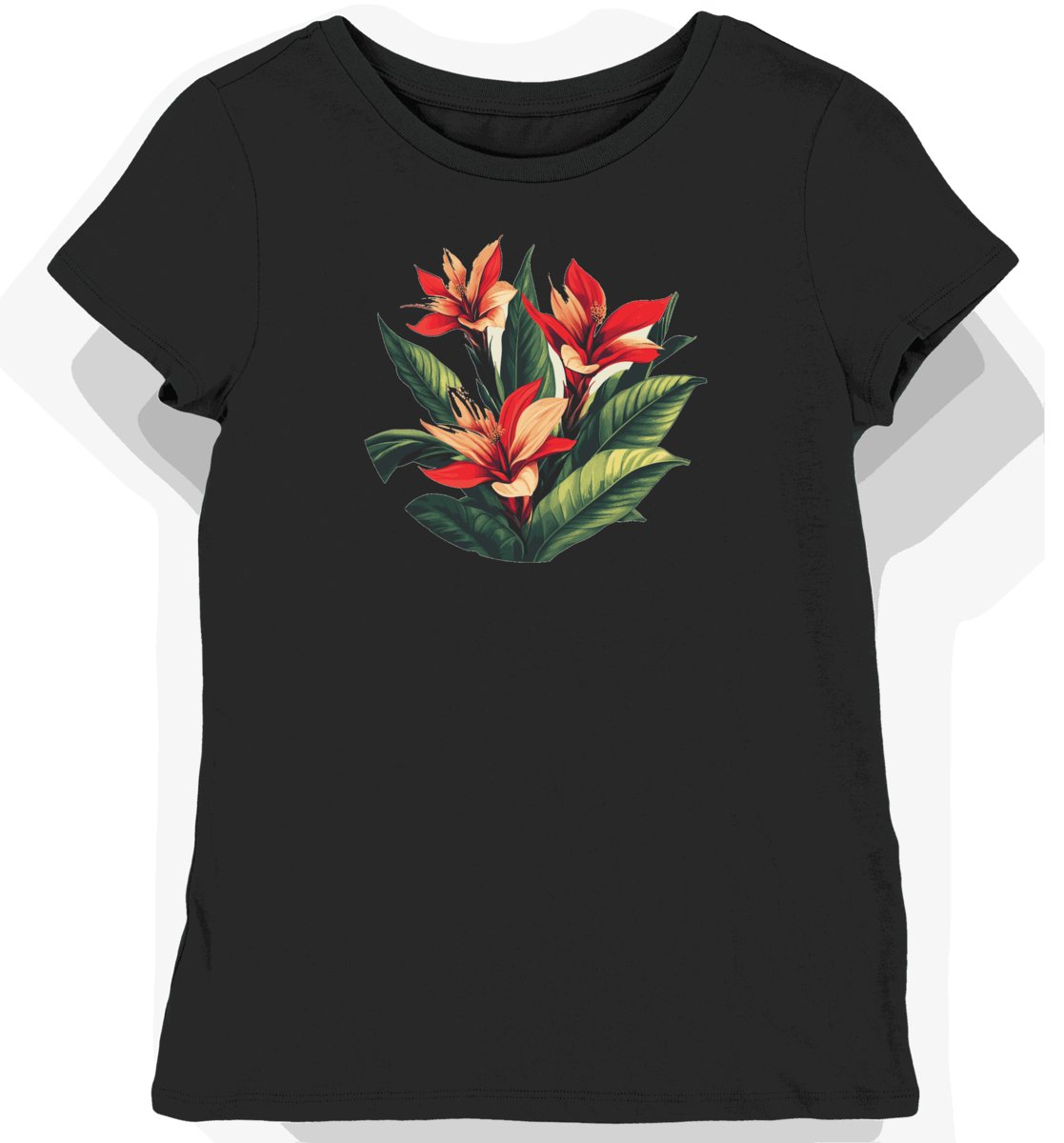 Koszulka damska czarna z nadrukiem egzotycznych kwiatów XXL