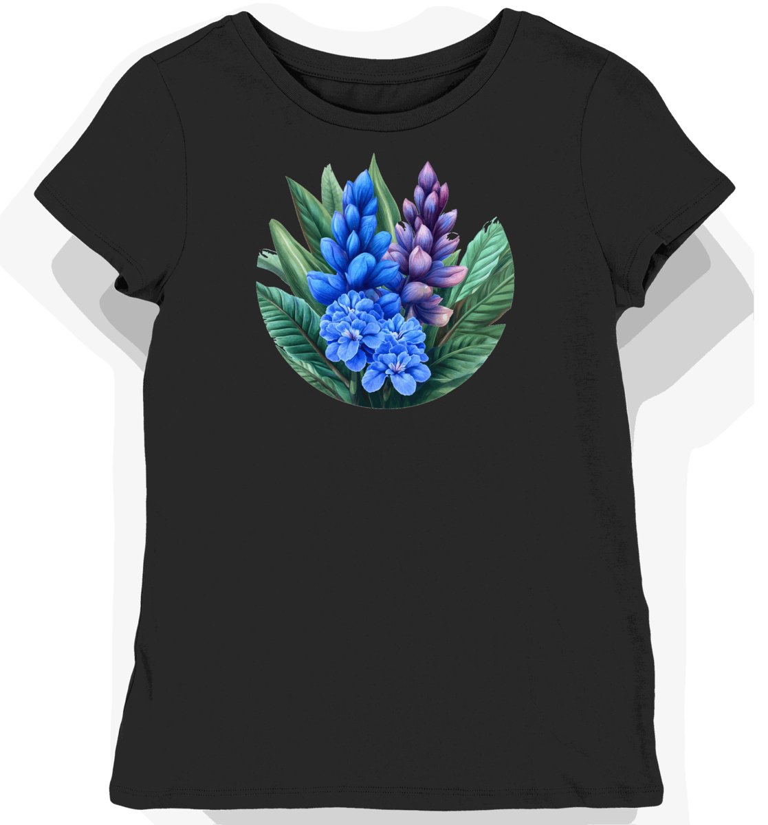 Koszulka damska czarna z motywem tropikalnych kwiatów XS