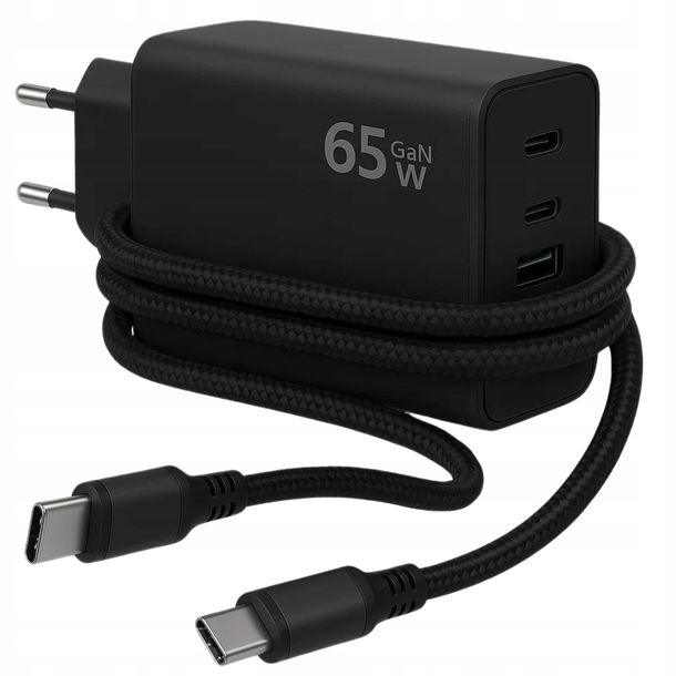 ECOBOX ŁADOWARKA SIECIOWA GAN PD 2xUSB-C 1xUSB 65W T6530 CZARNY + KABEL TYP-C DO TYP-C 5A 100W 1M CZARNY