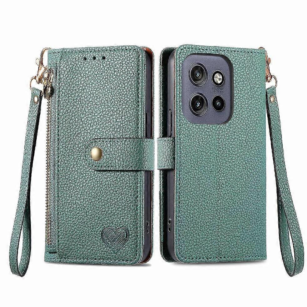 Foxdock Etui z klapką do Motorola Edge 50 Neo Zipper Love Skórzane etui Portfel Odporny na wstrząsy Zielony