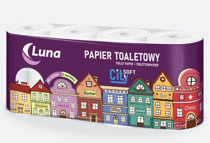 Papier toaletowy A'8 Luna City soft celuloza 3 warstwy perforacja 150 listków luna