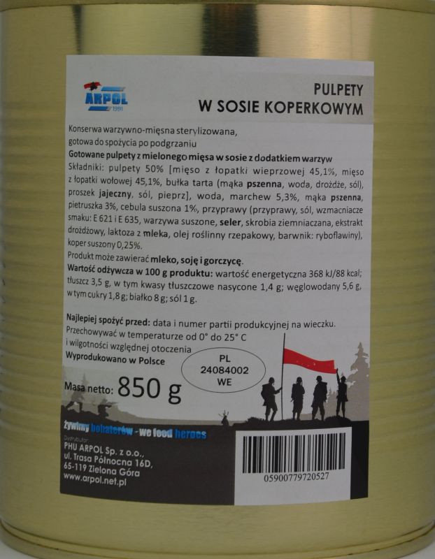 Pulpety w sosie koperkowym 850g wojskowe