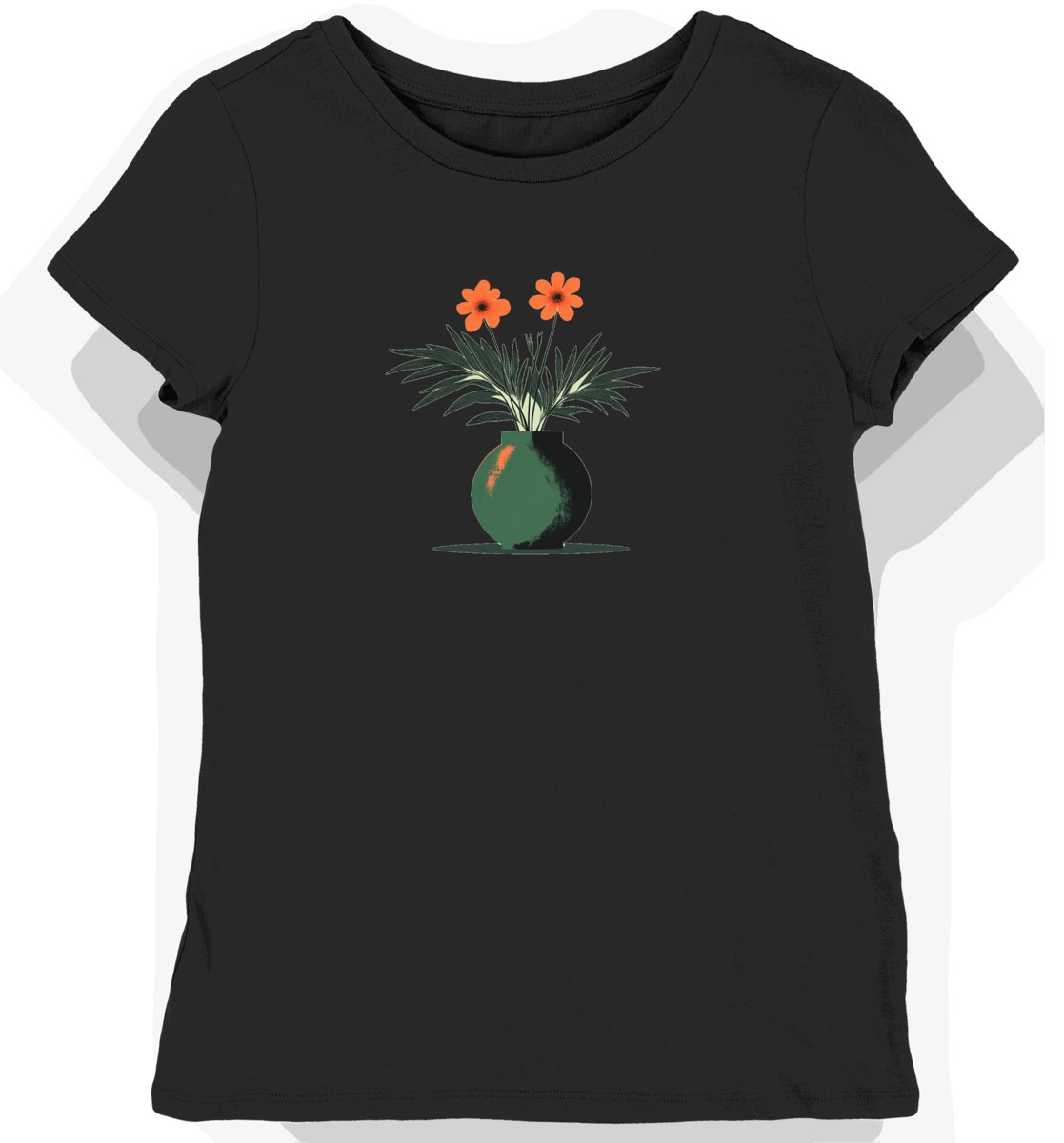 Koszulka damska czarna z motywem zielonego kwiatowego ikebana S