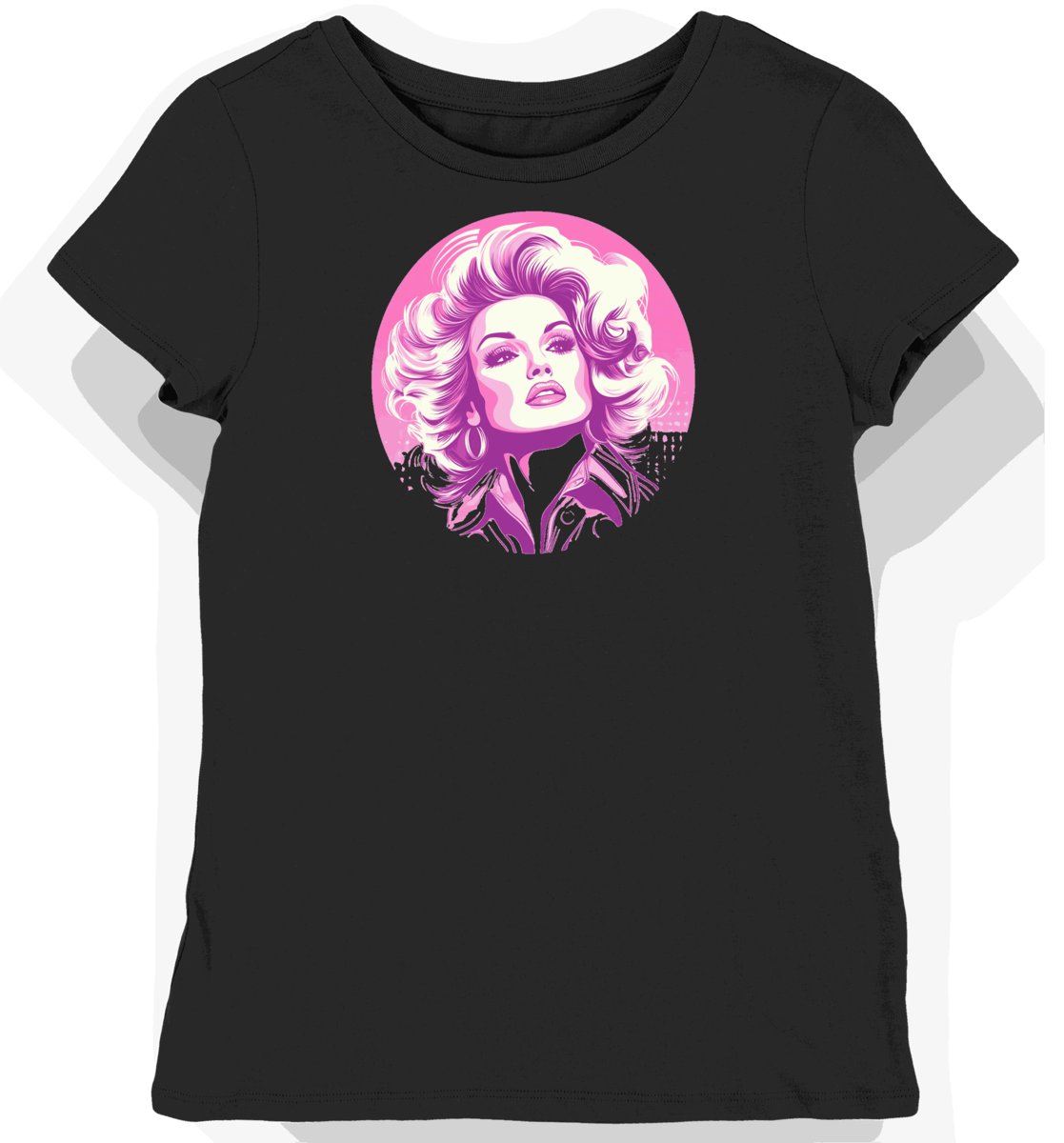 Koszulka damska czarna z nadrukiem Dolly Parton i blasku S