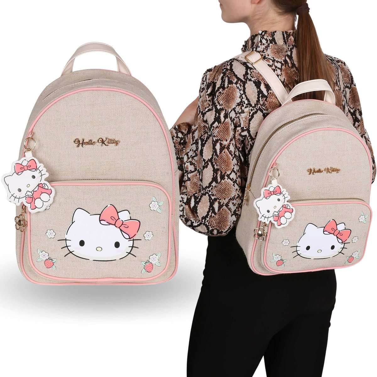 Hello Kitty Beżowy plecak lniany z brelokiem, damski, miejski 32x25x12cm
