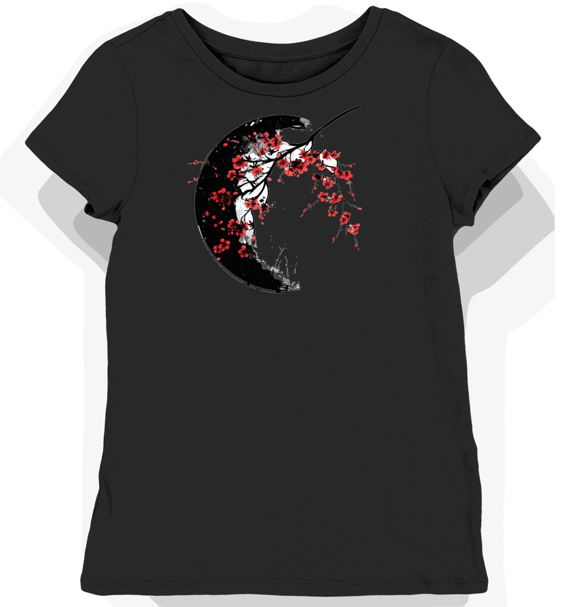 Koszulka damska czarna z nadrukiem kwiatów wiśni XS