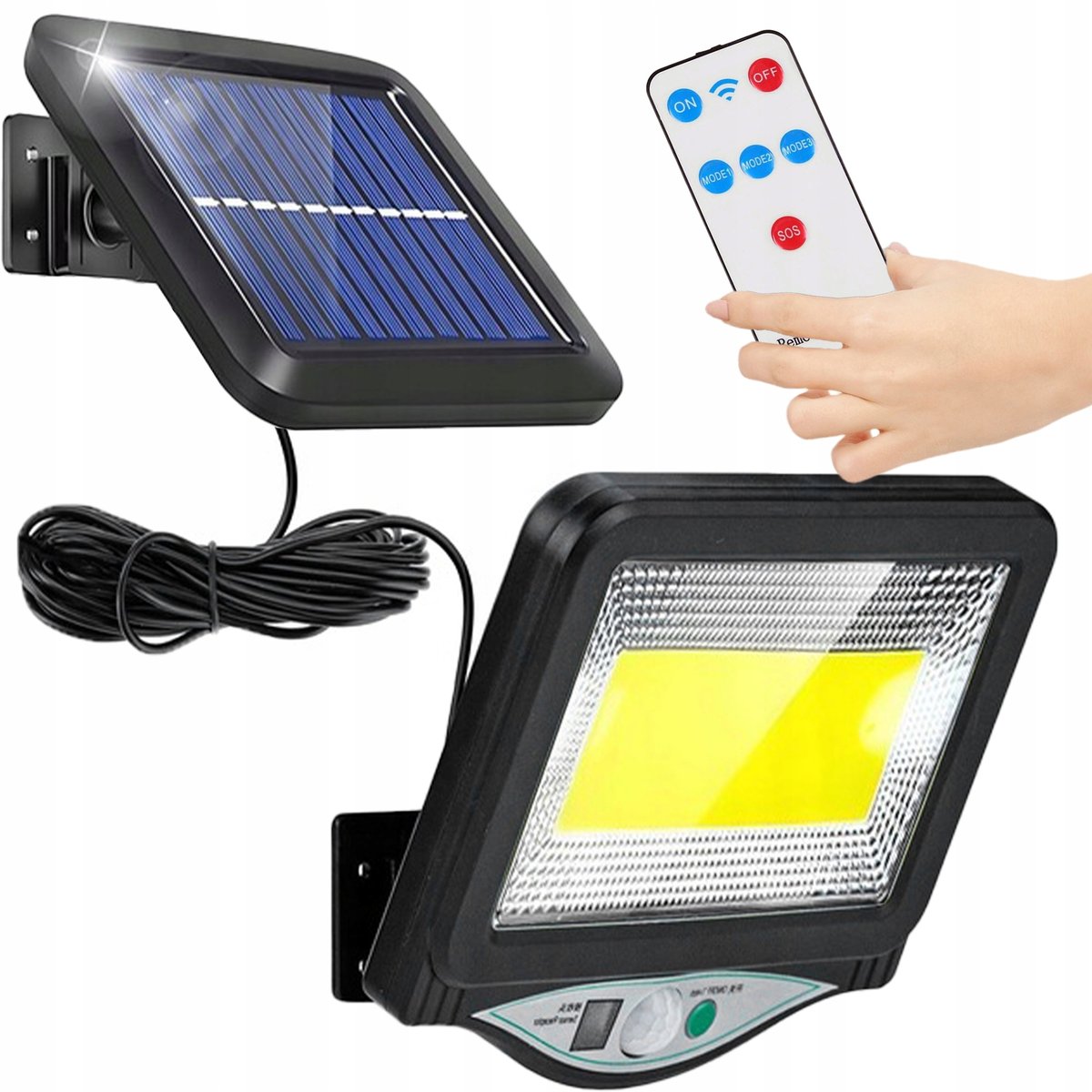 LAMPA LED Z PANELEM SOLARNYM NAŚWIETLACZ Z CZUJNIKIEM RUCHU IP44 + PILOT