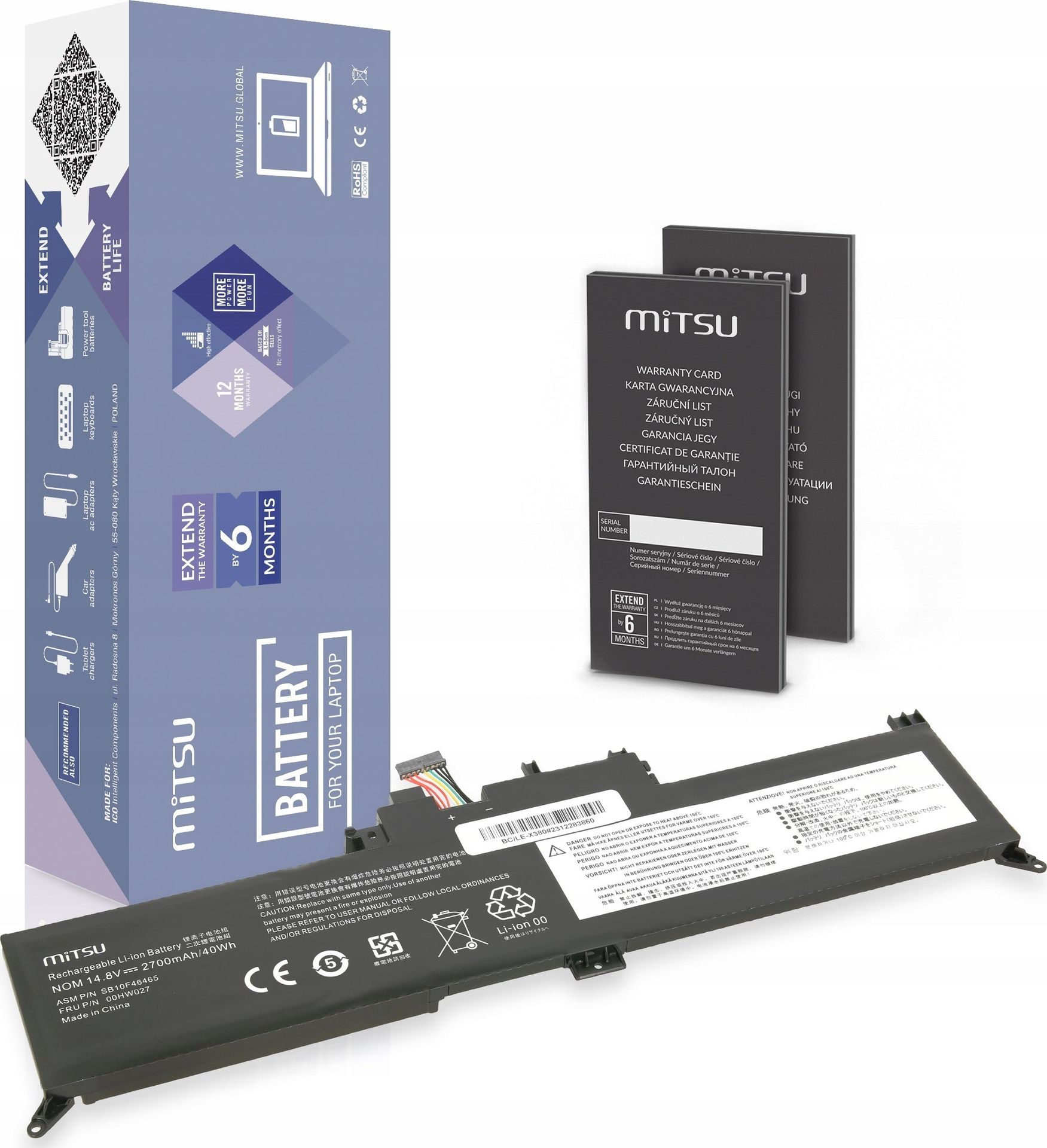 Bateria Mitsu Bateria 00HW027 01AV434 do Lenovo ThinkPad Yoga 260 370 X380 BC/LE-X380