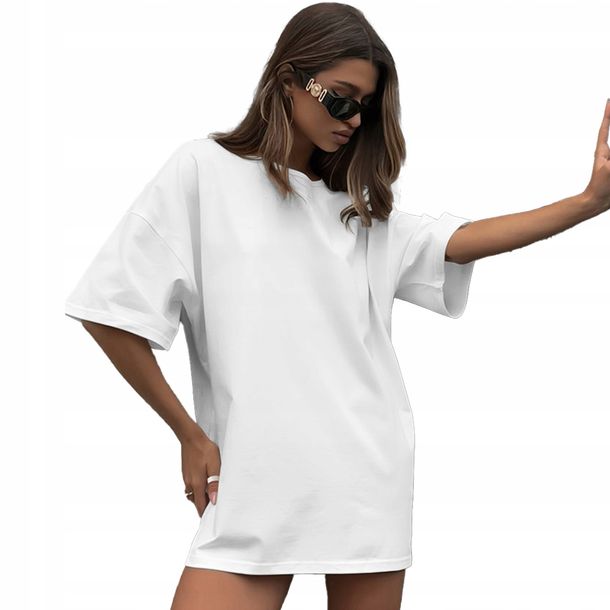 Koszulka Damska Oversize Długa T-shirt Biała Tunika Mini Sukienka Xl