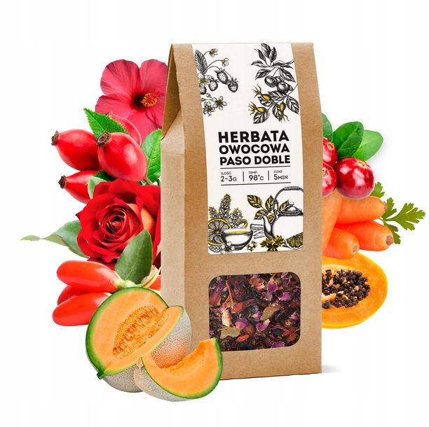 Herbata owocowa PASO DOBLE hibiskus żurawina płatki róży goji prezent 100g