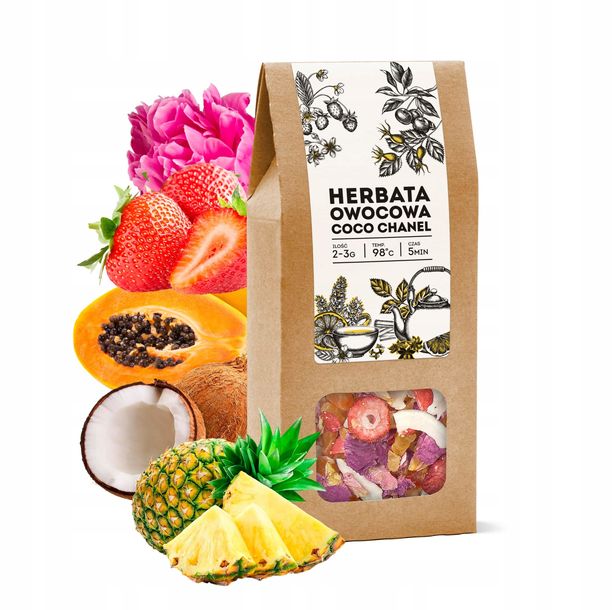 Herbata owocowa COCO CHANEL premium truskawki kokos papaja na prezent 100g