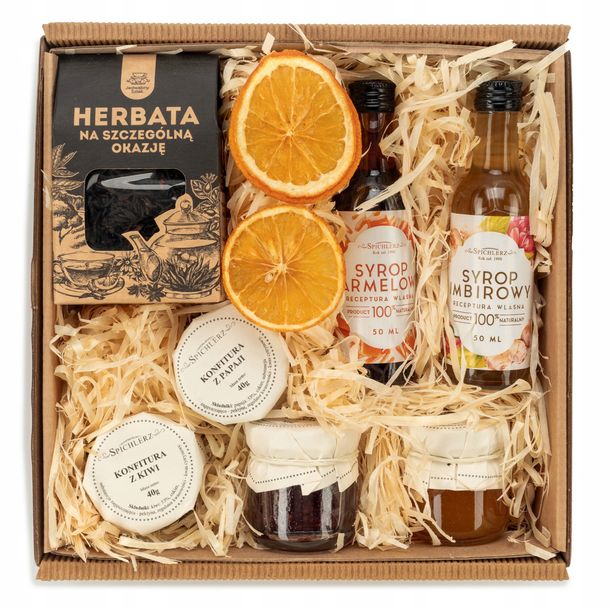 Elegancki ZESTAW na prezent herbata syropy upominek kosz prezentowy