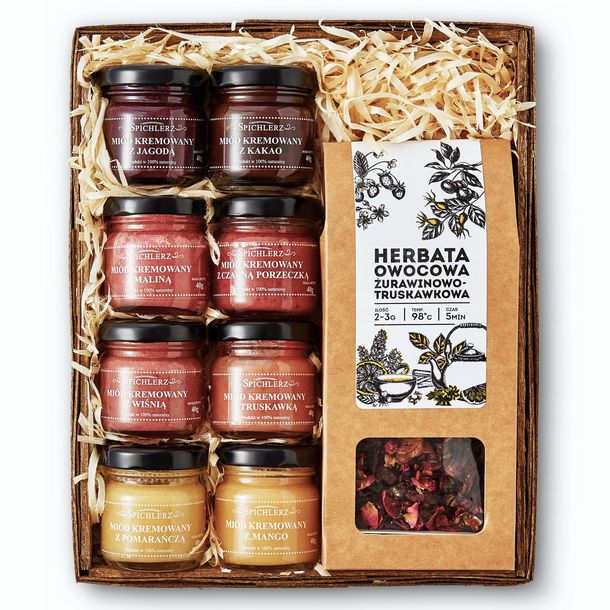 Zestaw prezentowy MIX MIODÓW kremowanych HERBATA LIŚCIASTA owocowa UPOMINEK