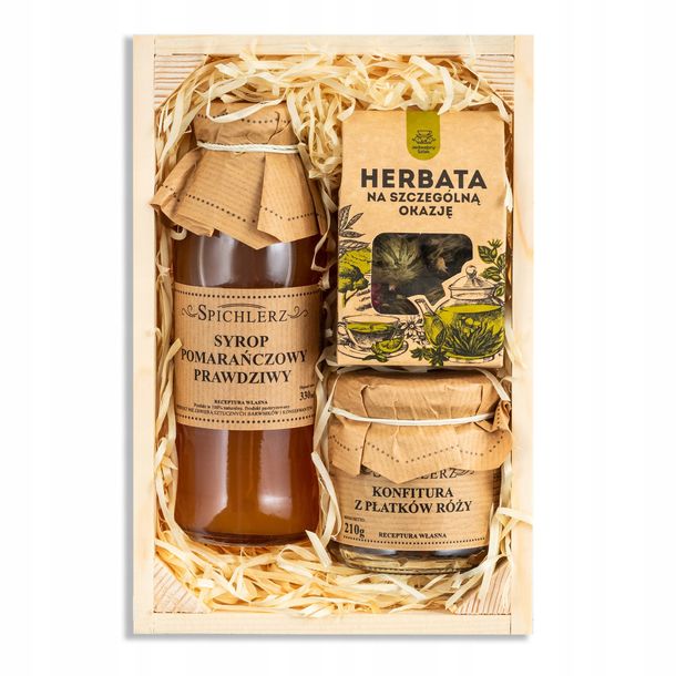 Kosz prezentowy HERBATA KWITNĄCA konfitura płatki róży PREMIUM zestaw