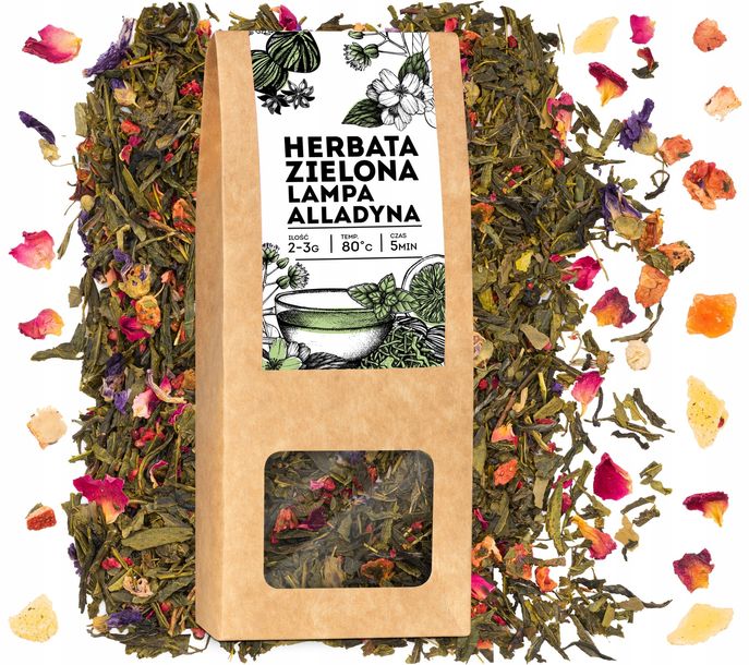 Zielona herbata LAMPA ALLADYNA sencha maliny truskawki płatki róż owoce 50g