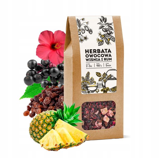 Herbata owocowa WIŚNIA i RUM premium ananas hibiskus czarny bez prezent 100
