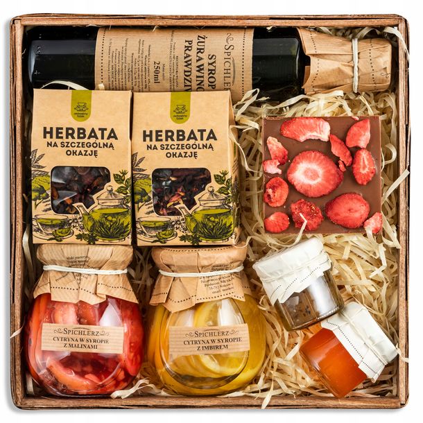 Zestaw prezentowy BOX herbata słodycze syrop kosz na urodziny upominek