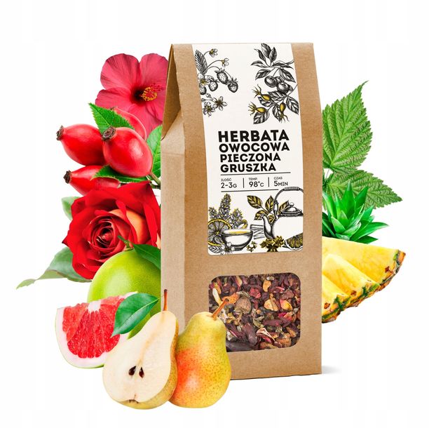 Herbata owocowa Pieczona gruszka hibiskus liść maliny róża na prezent 50g