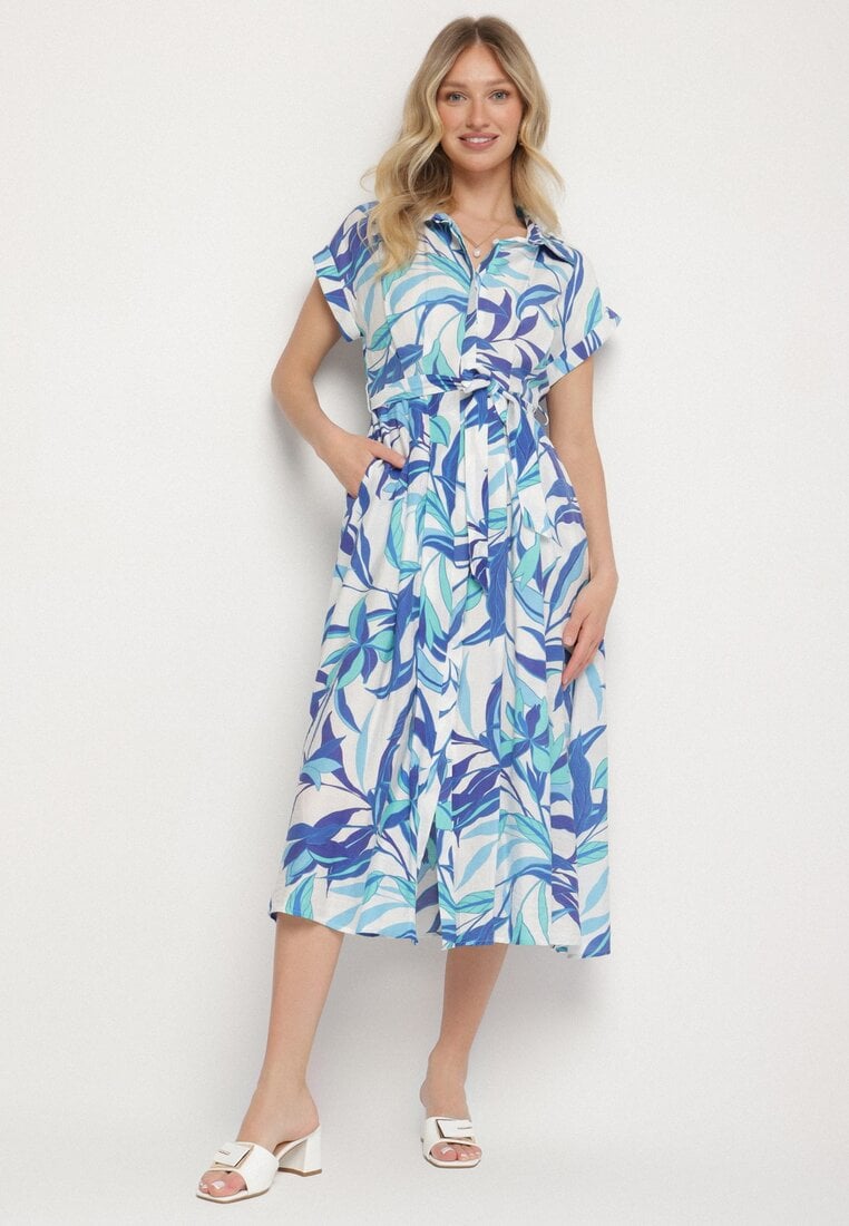 Niebieska Wiskozowa Sukienka o Koszulowym Kroju z Wiązanym Paskiem Sadlenne