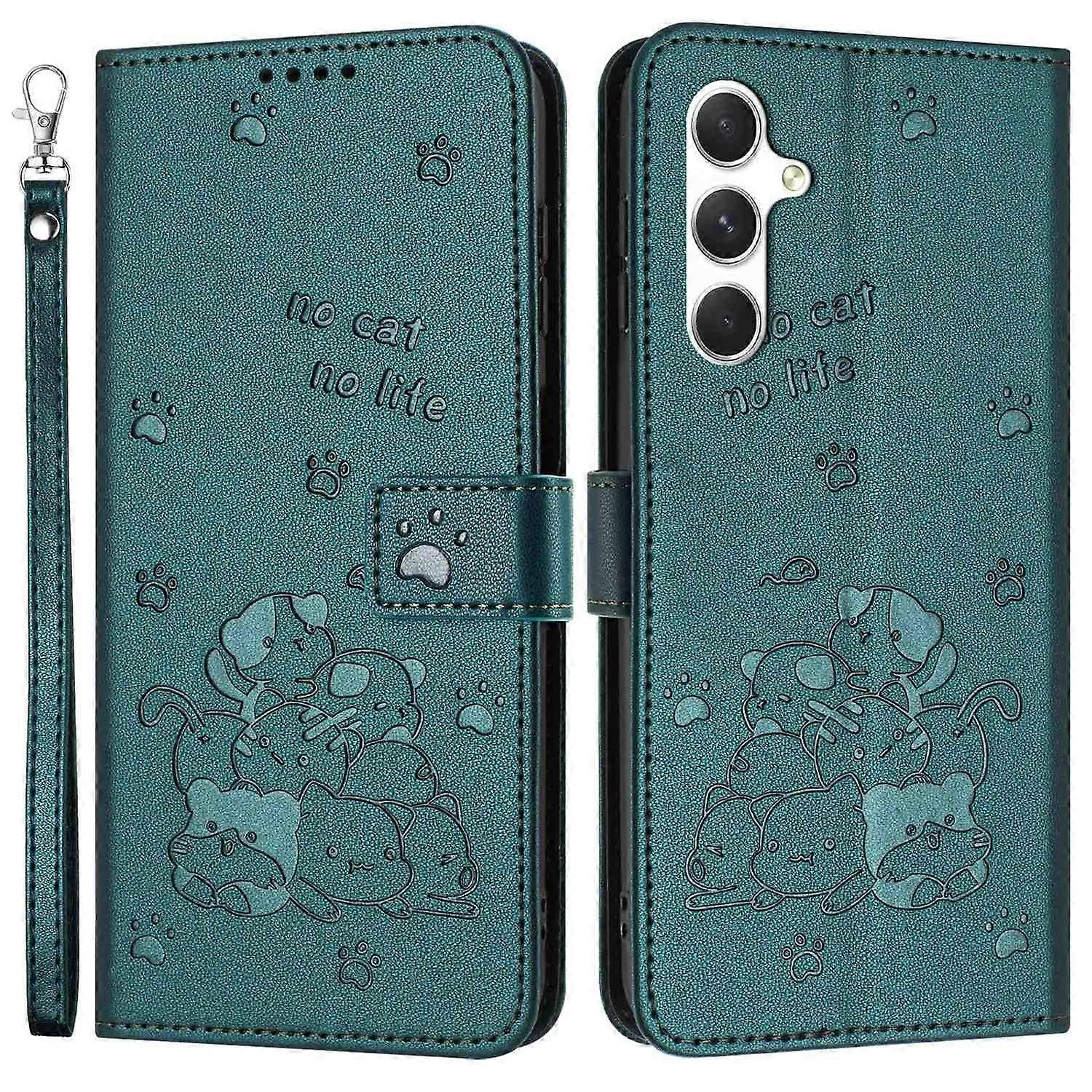Do Samsung Galaxy A16 5G Etui z paskiem Cats Imprint Skórzany pokrowiec na telefon z portfelem - czarno-zielony Wielobarwny Blackish Green
