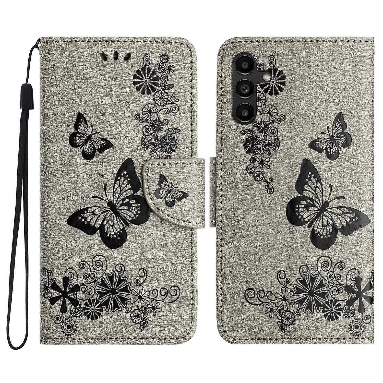 Do Samsung Galaxy A16 5G Etui Motyle Kwiat Skórzany Portfel Klapka Pokrowiec Na Telefon - Szary Wielobarwny Grey