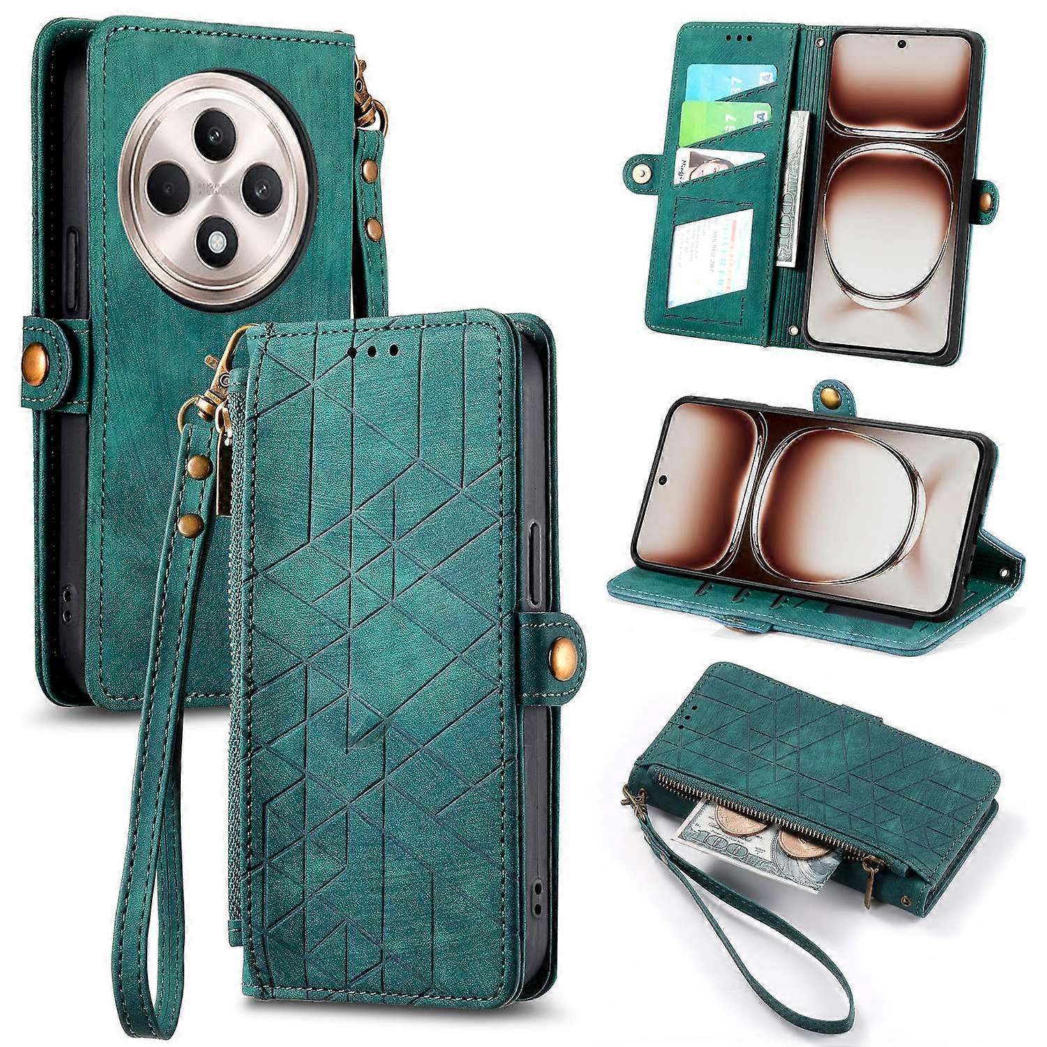 Dla Oppo Reno12 F 5G Etui Zipper Portfel Geometria Lines Skórzany pokrowiec na telefon - zielony Wielobarwny Green