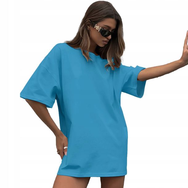 Koszulka Damska Oversize Długa T-shirt Niebieska Tunika Mini Sukienka L
